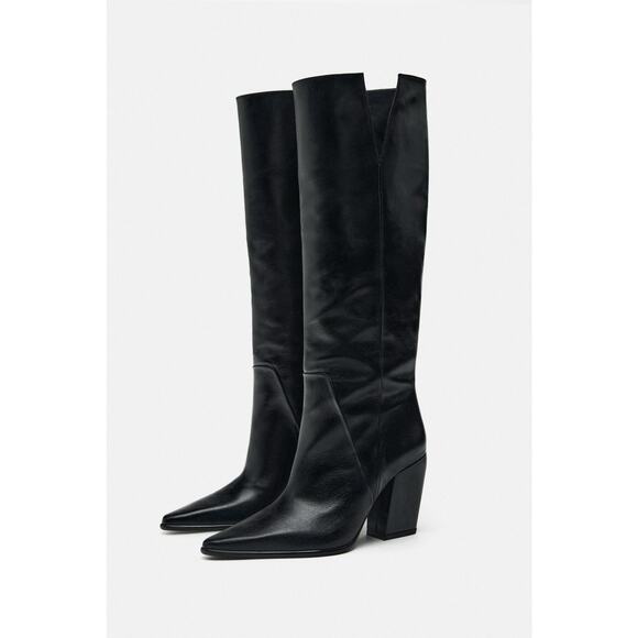 ZARA Leather Knee High Pull-On Boots Black Block Heel Made in Spain 6.5 - Picture 1 of 11